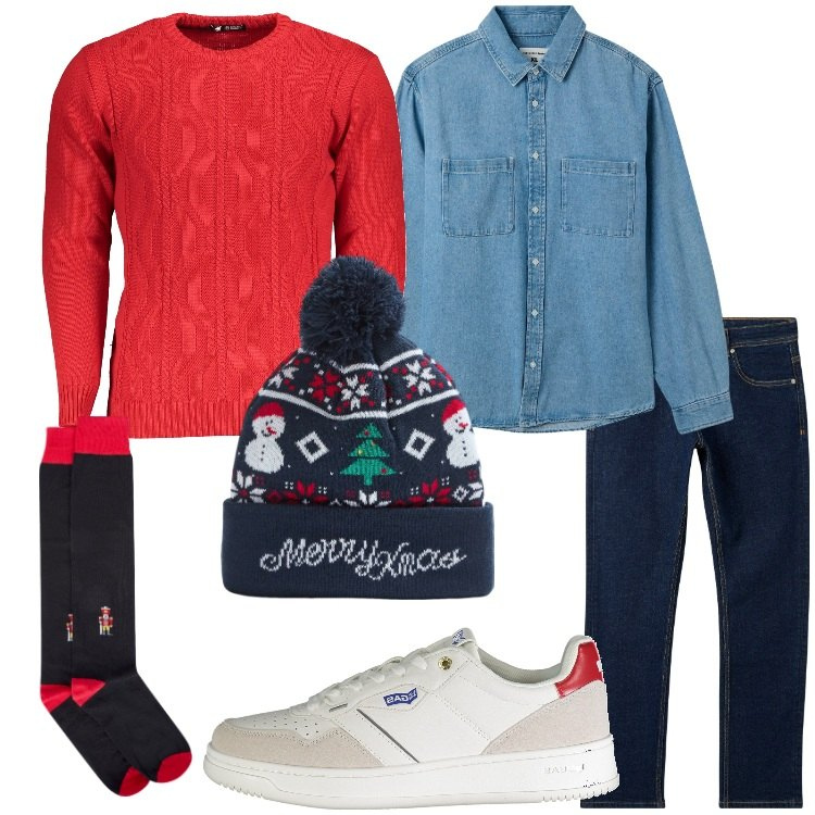 Outfit uomo - Serata di festa. Stile Casual per Serata speciale. Abbinamento con berretti, camicie, jeans, calzini, maglieria, sneakers.