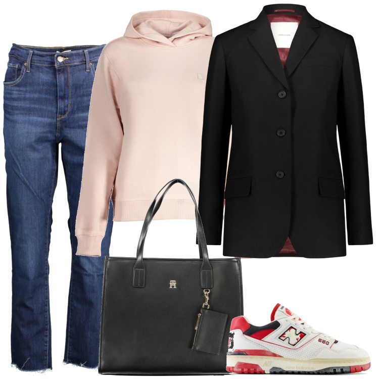 Outfit donna - Felpa e blazer. Stile Casual per Tutti i giorni. Abbinamento con sneakers, blazer, jeans, felpe con cappuccio, borse a spalla.