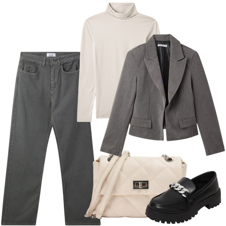 Outfit donna - La fibbia metallo. Stile Bon Ton per Ufficio. Abbinamento con blazer, mocassini, pantaloni, borse a spalla, maglieria.