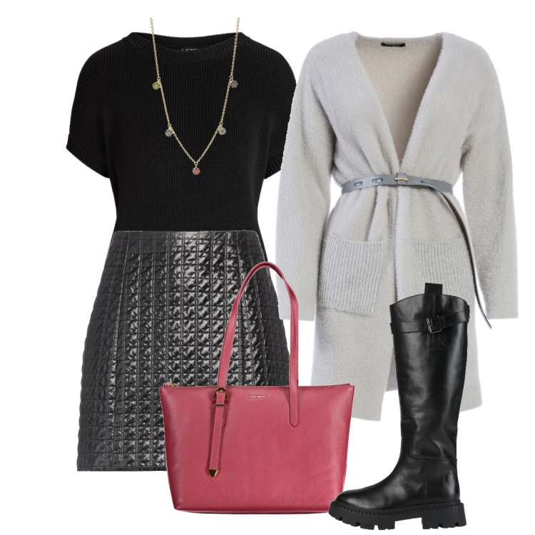 Outfit donna - Eclettica. Stile Urban per Serata fuori. Abbinamento con minigonne, stivali, ciondoli, cardigans, maglieria, borse a spalla.