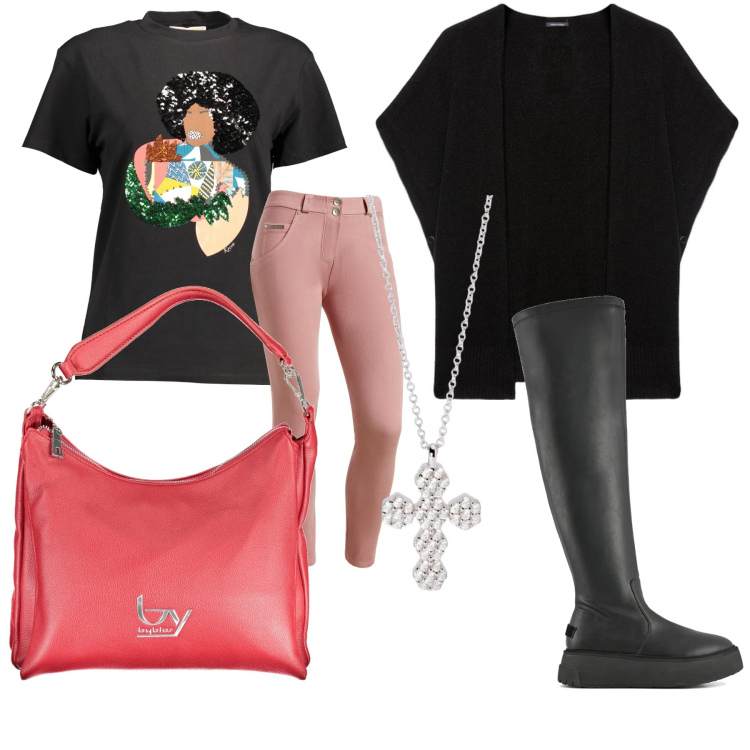 Outfit donna - Sempre stivali. Stile Casual per Tutti i giorni. Abbinamento con ciondoli, pantaloni skinny, stivali sopra il ginocchio, cappe, borse a spalla, t-shirt.