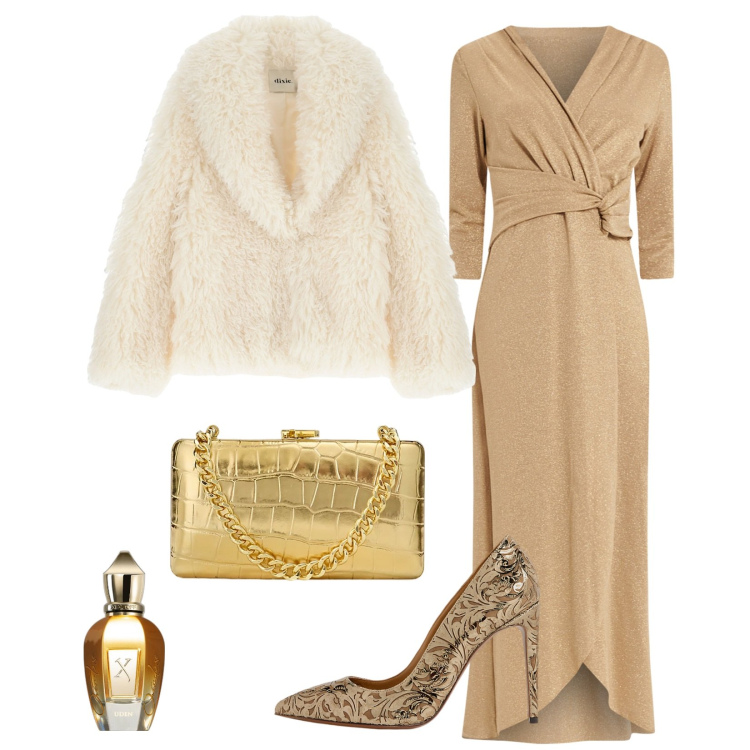 Outfit donna - Capodanno. Stile Chic per Serata fuori. Abbinamento con vestiti lunghi, profumi, blazer, décolleté, clutch.