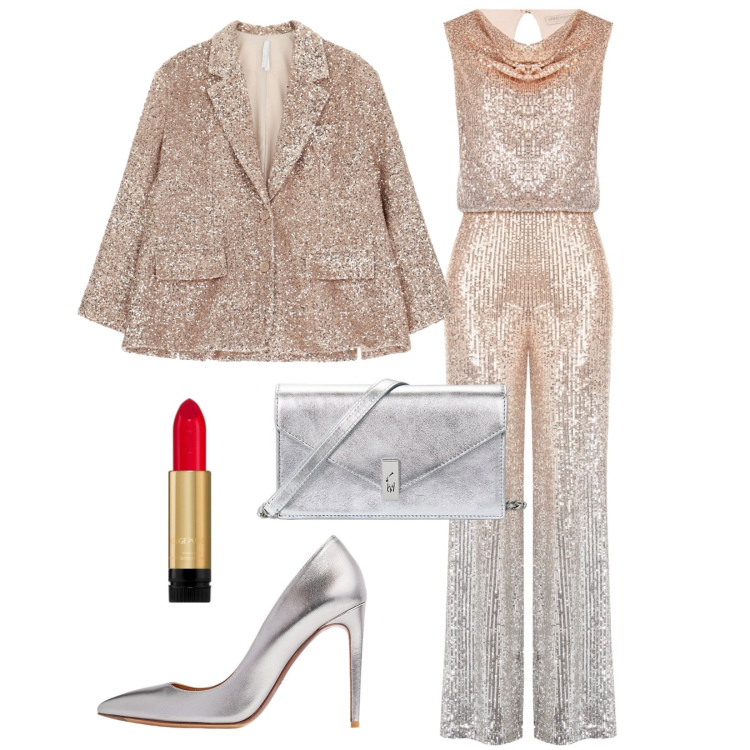 Outfit donna - Capodanno. Stile Chic per Serata fuori. Abbinamento con rossetti, tute, blazer, décolleté, clutch.