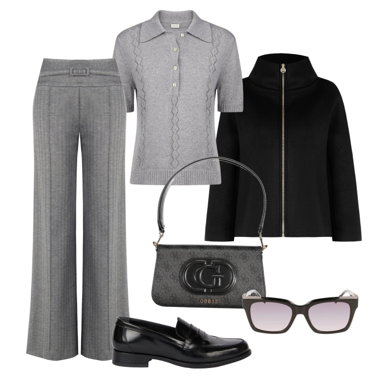 Outfit donna - Mannish rivisitato. Stile Mannish per Ufficio. Abbinamento con pantaloni a palazzo, cappe, polo, mocassini, borse a spalla, occhiali da sole.