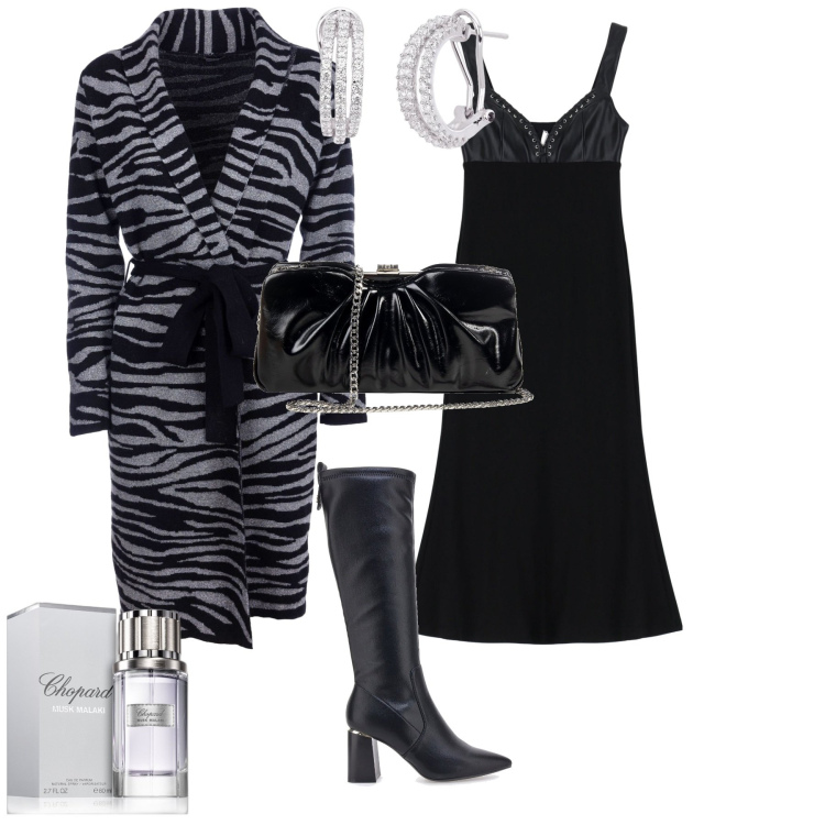 Outfit donna - Total look #2023118. Stile Glamour per Serata fuori. Abbinamento con profumi, orecchini, pochette, cardigans, vestiti midi/longuette, stivali.