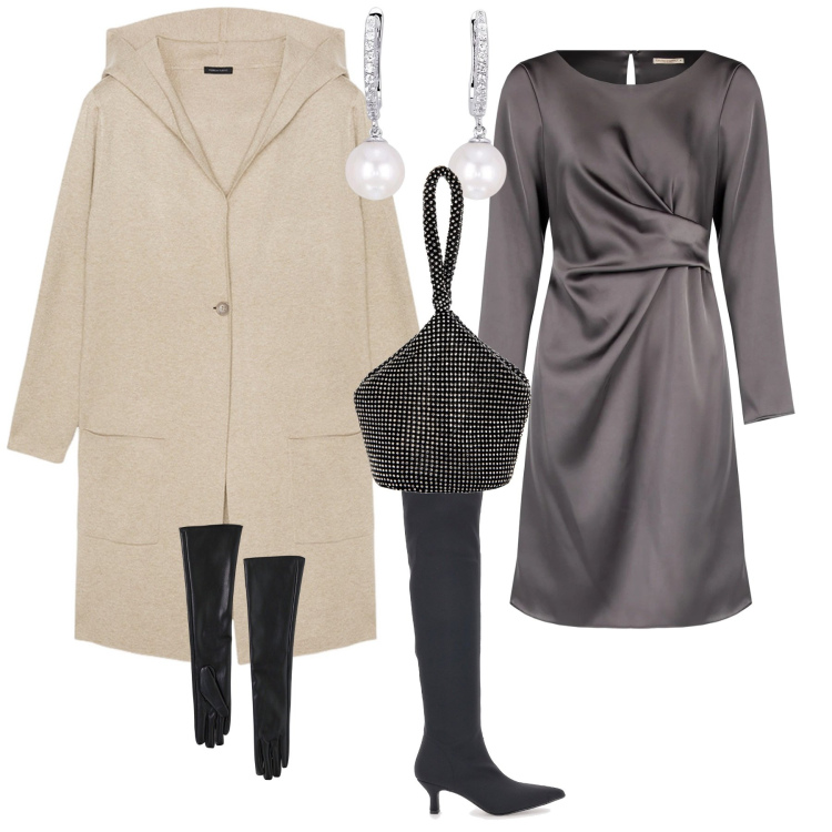 Outfit donna - Total look #2023122. Stile Chic per Serata fuori. Abbinamento con orecchini, vestiti midi/longuette, pochette, guanti, stivali, cardigans.