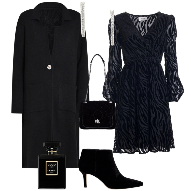 Outfit donna - Total look #2023128. Stile Bon Ton per Serata fuori. Abbinamento con profumi, cardigans, vestiti midi/longuette, borse a spalla, stivaletti, orecchini.
