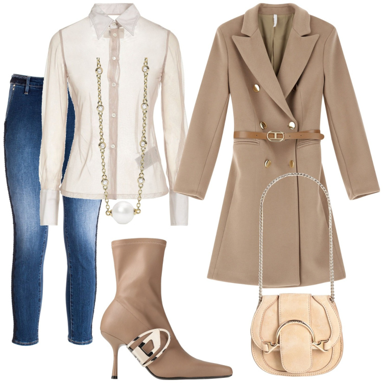 Outfit donna - Total look #2023130. Stile Glamour per Serata fuori. Abbinamento con marsupi, camicie, stivaletti, collane, cappotti, jeans skinny.