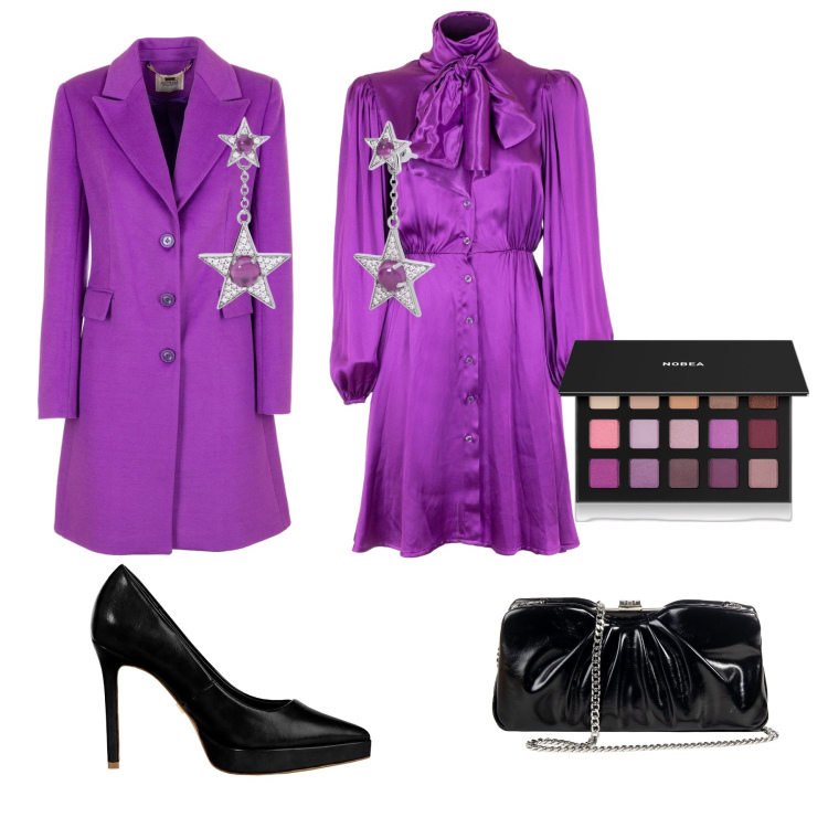 Outfit donna - Viola in festa. Stile Bon Ton per Serata fuori. Abbinamento con ombretti, orecchini, pochette, décolleté, cappotti, vestiti chemisier.