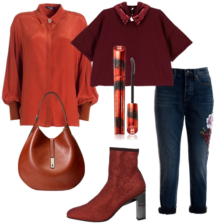 Outfit donna - Total look #2023139. Stile Trendy per Tutti i giorni. Abbinamento con stivaletti, mascara, t-shirt, camicie, jeans, borse a spalla.