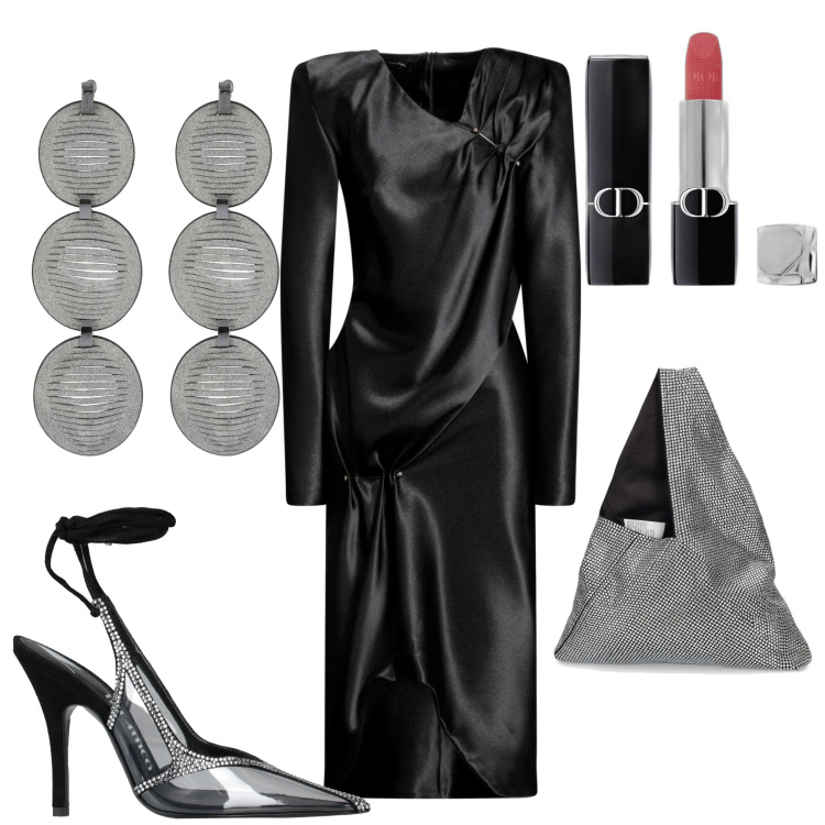 Outfit donna - Festeggiare capodanno. Stile Casual chic per Serata fuori. Abbinamento con vestiti midi/longuette, décolleté, rossetti, borse a spalla, orecchini.