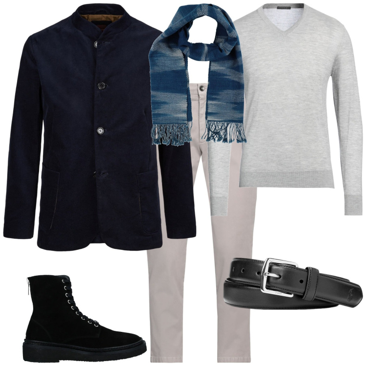 Outfit uomo - Total look #2023147. Stile Business/Elegante per Serata speciale. Abbinamento con pullovers, pantaloni chino, stivali e stivaletti, sciarpe, cinture, giacche.