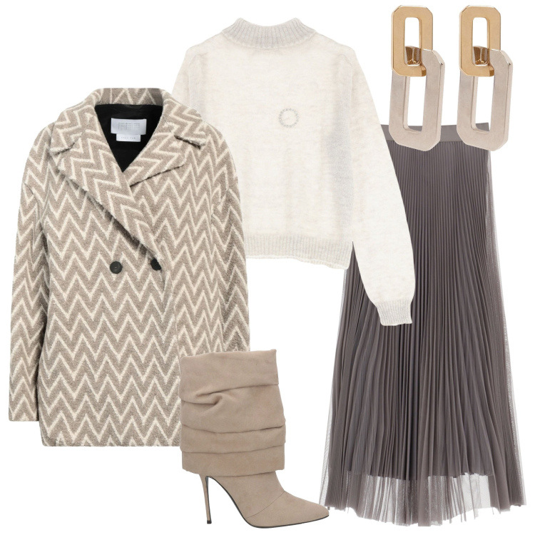 Outfit donna - Gonna plissé. Stile Chic per Serata fuori. Abbinamento con caban, stivaletti, gonne, maglieria, orecchini.