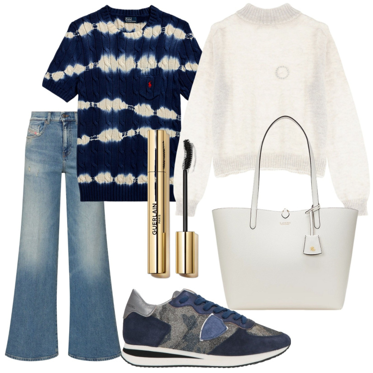 Outfit donna - Ti aspetto in centro. Stile Urban per Tutti i giorni. Abbinamento con sneakers, mascara, maglieria, borse tote, maglieria, jeans.