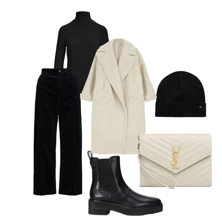 Outfit donna - Tutto nero? …ma anche no!. Stile Chic per Serata fuori. Abbinamento con cappotti, top, stivaletti chelsea, pantaloni, berretti, pochette.