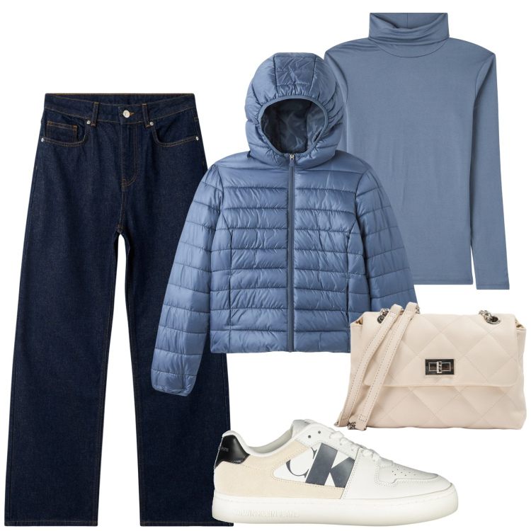 Outfit donna - Toni del blu. Stile Casual per Tutti i giorni. Abbinamento con blazer, borse a spalla, maglieria, jeans, sneakers.