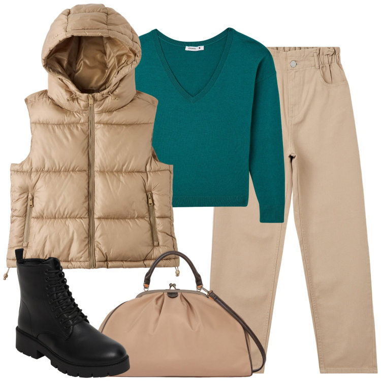 Outfit donna - Dicembre. Stile Casual per Tutti i giorni. Abbinamento con pantaloni, piumini, maglieria, anfibi, borse a spalla.