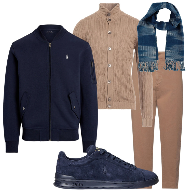 Outfit uomo - Casual griffato. Stile Casual per Tutti i giorni. Abbinamento con cardigans, pantaloni, sciarpe, sneakers, bomber.