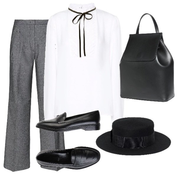 Outfit donna - Daily chic. Stile Chic per Ufficio. Abbinamento con pantalone vita alta, mocassini, borsa, blusa, cappello a punta.