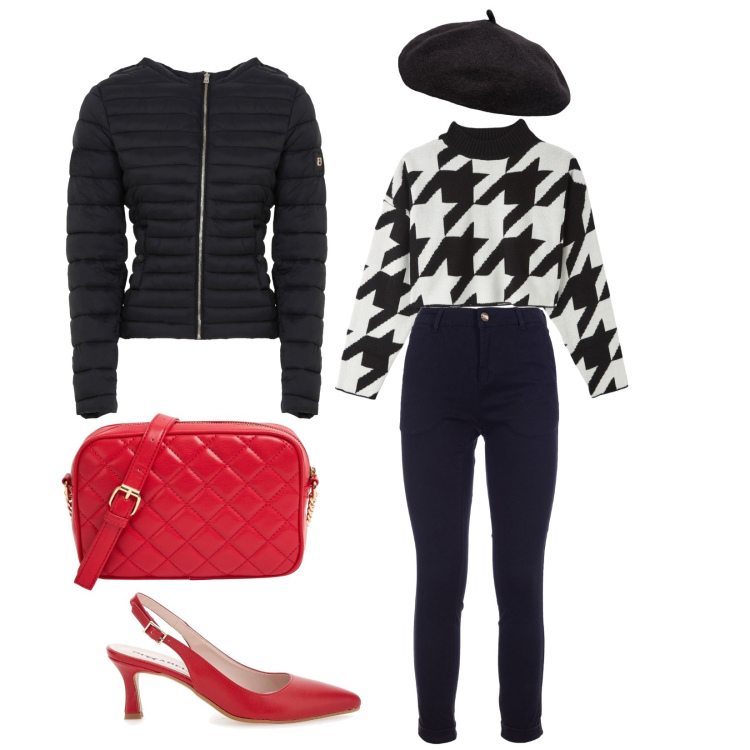 Outfit donna - Alla moda, nel quotidiano. Stile Casual per Tutti i giorni. Abbinamento con maglieria, borse a tracolla, pantaloni, piumini, décolleté, cappelli e berretti.