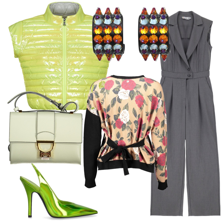 Outfit donna - Total look. Stile Glamour per Ufficio. Abbinamento con orecchini, tute, blazer, cardigans, décolleté, borse a tracolla.