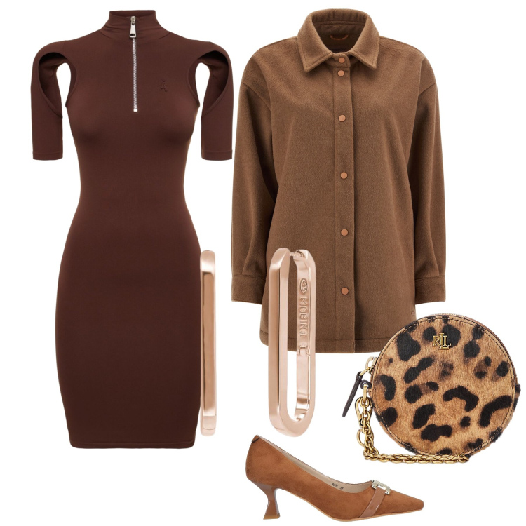 Outfit donna - Cioccolato in ufficio. Stile Bon Ton per Ufficio. Abbinamento con décolleté, orecchini, cappotti, pochette, vestiti.