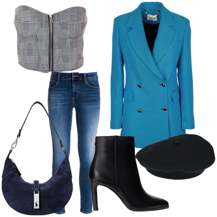 Outfit donna - Dopo l ufficio. Stile Trendy per Serata fuori. Abbinamento con cappelli, jeans skinny, top, blazer, borse a spalla, stivaletti.