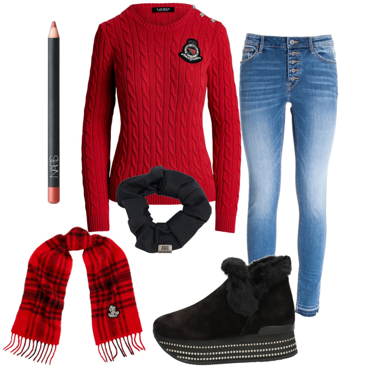 Outfit donna - Total look #2023314. Stile Casual per Tutti i giorni. Abbinamento con stivaletti, matite labbra, jeans skinny, maglieria, sciarpe, accessori per capelli.