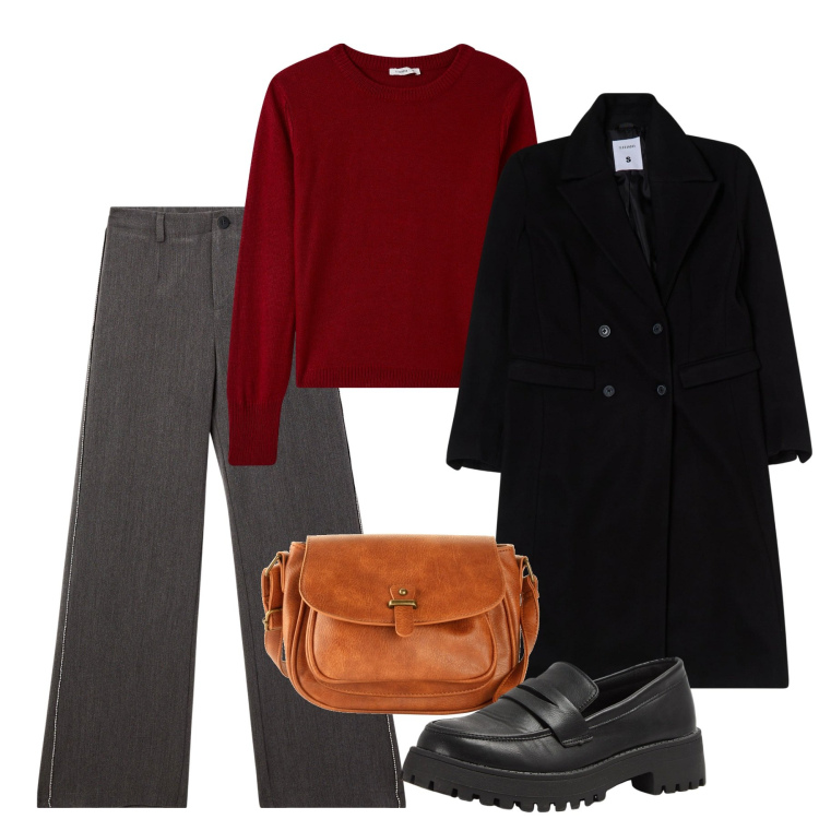 Outfit donna - Ruggine. Stile Basic per Tutti i giorni. Abbinamento con borse a tracolla, pantaloni, maglieria, mocassini, cappotti.