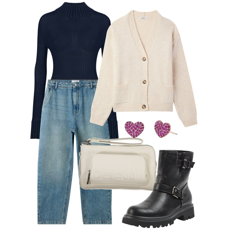 Outfit donna - Due piccoli cuori. Stile Casual per Tutti i giorni. Abbinamento con jeans, cardigans, stivaletti, orecchini, maglieria, borse a tracolla.