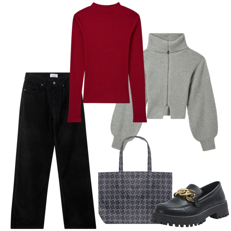 Outfit donna - Pratica. Stile Bon Ton per Ufficio. Abbinamento con cardigans, mocassini, t-shirt, pantaloni, shopping bag.