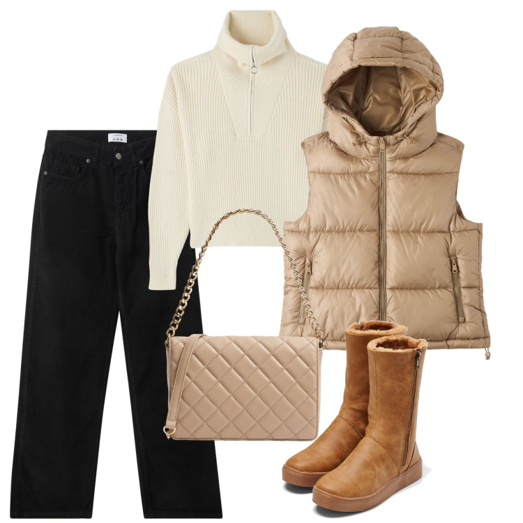 Outfit donna - Nocciola. Stile Casual per Tutti i giorni. Abbinamento con stivali, maglieria, piumini, pantaloni, borse a tracolla.