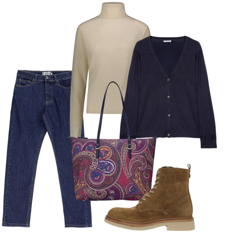 Outfit donna - Moderata per lo shopping. Stile Casual per Tutti i giorni. Abbinamento con stivaletti, jeans dritti, borse tote, pullovers, cardigans.
