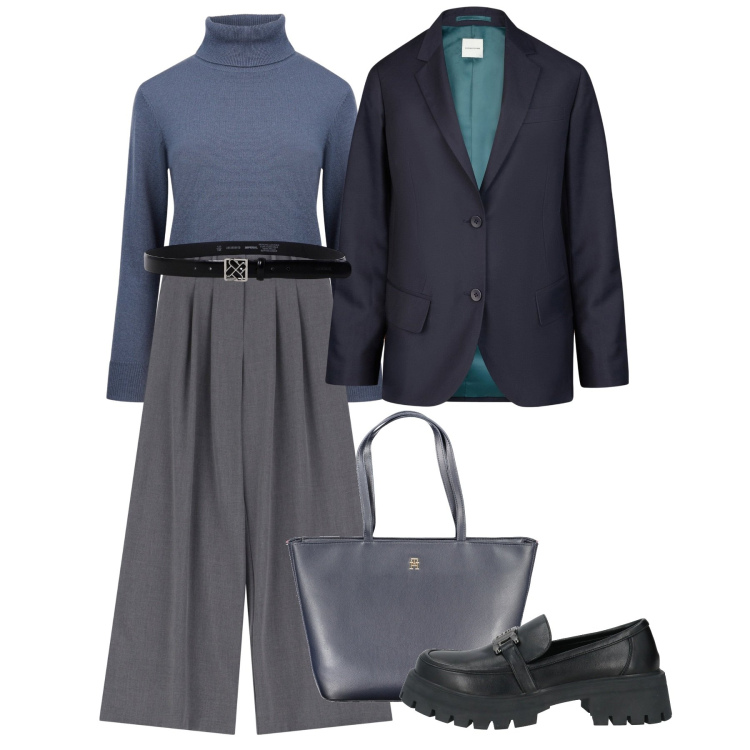 Outfit donna - Diplomatica. Stile Mannish per Ufficio. Abbinamento con mocassini, pantaloni, cinture, maglieria, blazer, borse a spalla.
