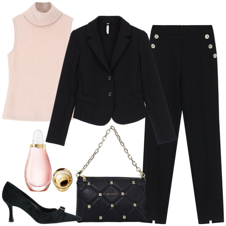 Outfit donna - Serata. Stile Casual chic per Serata fuori. Abbinamento con décolleté, profumi, maglieria, borse a spalla, blazer, pantaloni.