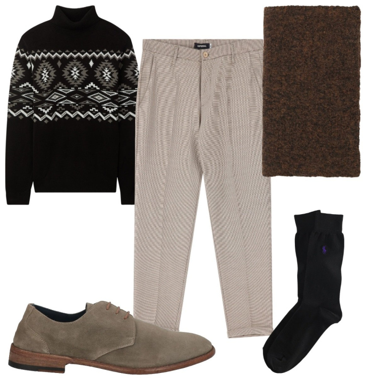 Outfit uomo - Total look #2023442. Stile Casual per Tutti i giorni. Abbinamento con scarpe stringate, maglieria, sciarpe, pantaloni, calzini.