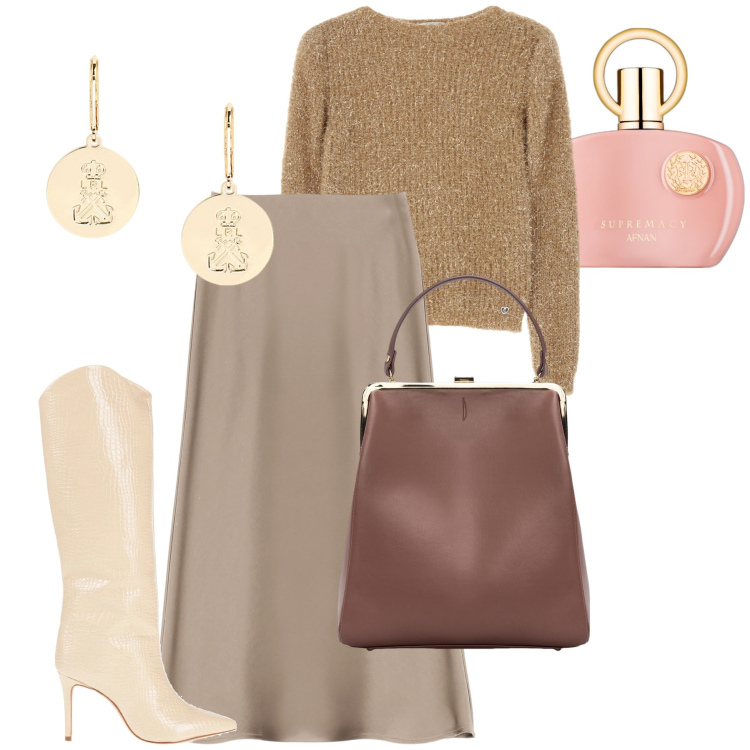 Outfit donna - La maglia morbida. Stile Bon Ton per Serata fuori. Abbinamento con stivali, profumi, maglieria, gonne longuette, orecchini, borse a spalla.