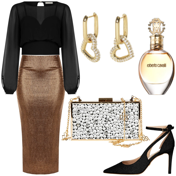 Outfit donna - Scintillio. Stile Glamour per Serata fuori. Abbinamento con profumi, orecchini, vestiti a tubino, bluse, décolleté, pochette.