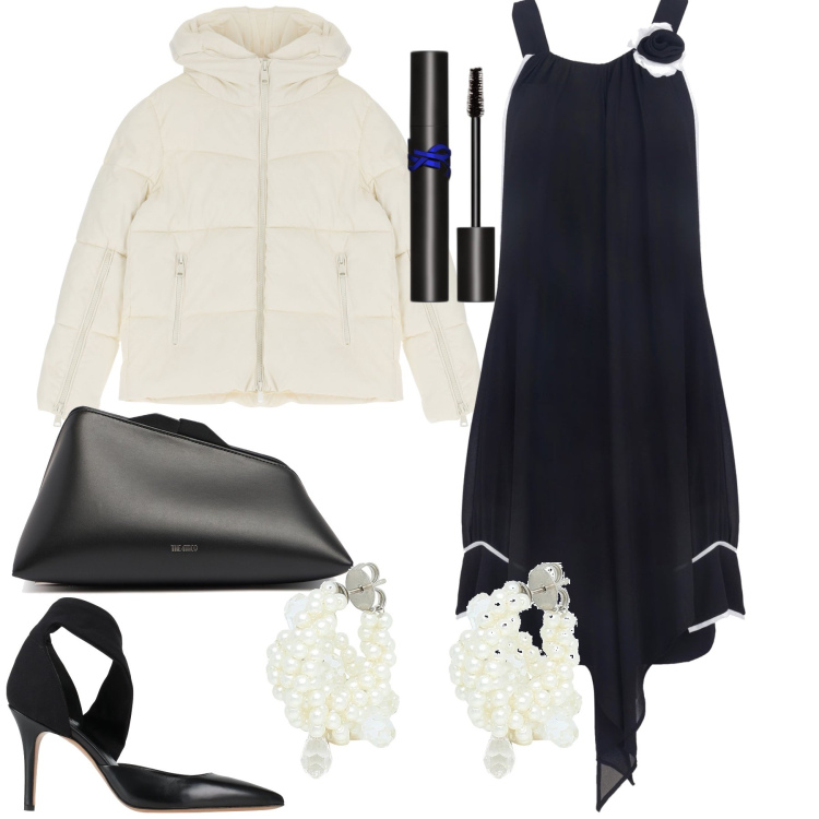 Outfit donna - Chic bicolor. Stile Bon Ton per Serata fuori. Abbinamento con orecchini, décolleté, mascara, piumini, vestiti a tubino, pochette.