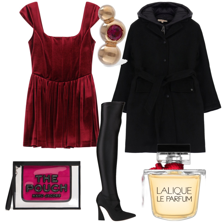 Outfit donna - Velluto mini per San Silvestro. Stile Sexy per Serata fuori. Abbinamento con stivali sopra il ginocchio, profumi, cappotti, vestiti corti, clutch, orecchini.