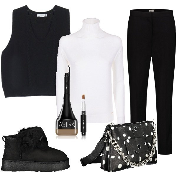 Outfit donna - Confort bianco e nero. Stile Urban per Tutti i giorni. Abbinamento con mascara, maglieria, gilet, pantaloni, borse a spalla, stivali.