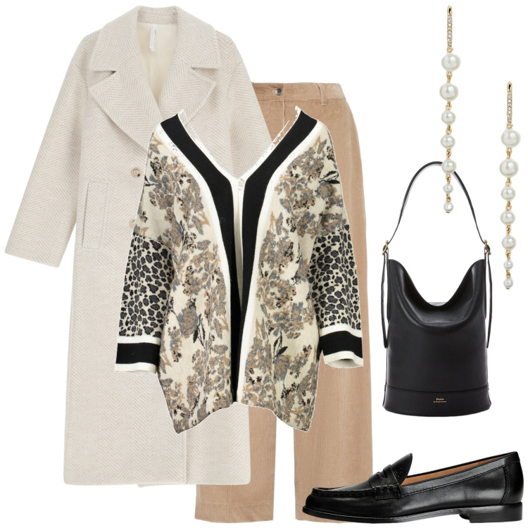 Outfit donna - Dicembre con stile. Stile Bon Ton per Ufficio. Abbinamento con cappotti, mocassini, borse a secchiello, orecchini, maglieria, pantaloni.