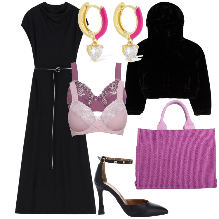 Outfit donna - Cin cin. Stile Trendy per Serata fuori. Abbinamento con reggiseni, borse a mano, felpe con cappuccio, vestiti lunghi, décolleté, orecchini.