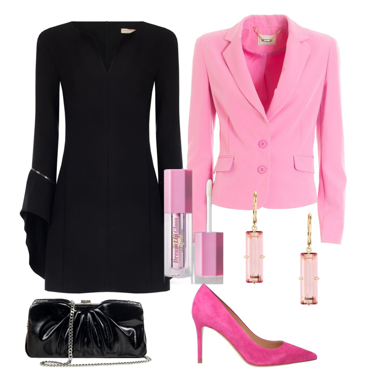 Outfit donna - Rosa e nero so chic. Stile Glamour per Serata fuori. Abbinamento con décolleté, gloss, vestiti midi/longuette, pochette, blazer, orecchini.