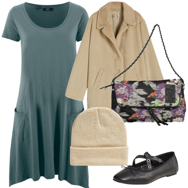 Outfit donna - Pomeriggio da parenti per auguri. Stile Urban per Tutti i giorni. Abbinamento con vestiti corti, ballerine, berretti, cappotti, borse a mano.