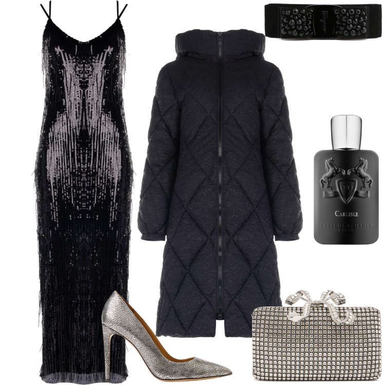 Outfit donna - La più elegante del veglione. Stile Chic per Serata fuori. Abbinamento con profumi, piumini, vestiti lunghi, décolleté, accessori per capelli, pochette.