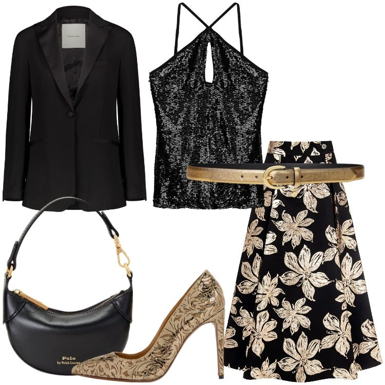 Outfit donna - Brilla a Capodanno - Nero e oro. Stile Chic per Serata fuori. Abbinamento con gonne, top, portafogli, décolleté, cinture, giacche.