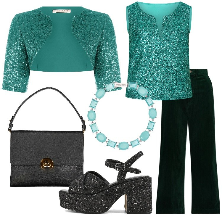 Outfit donna - Dettagli luminosi - Focus Donna Curvy. Stile Glamour per Serata fuori. Abbinamento con braccialetti, top, bolero, pantaloni, sandali, borse a spalla.