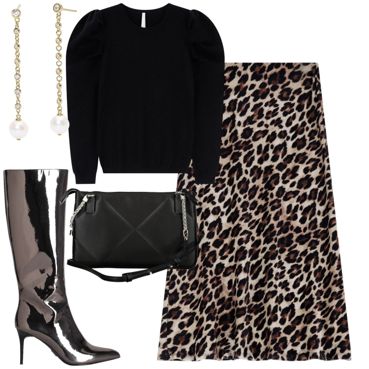 Outfit donna - Serata. Stile Glamour per Serata fuori. Abbinamento con stivali, orecchini, maglieria, gonne longuette, borse a tracolla.
