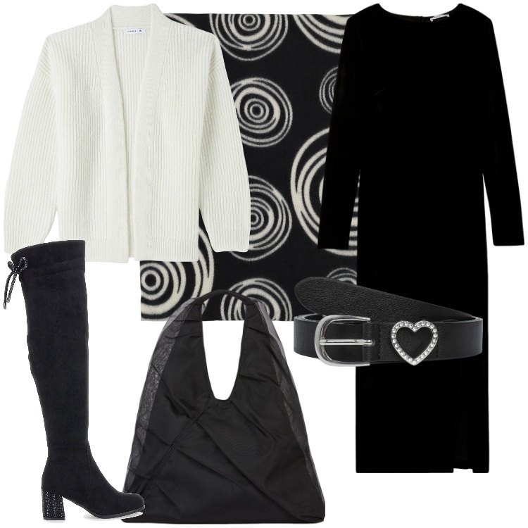 Outfit donna - Layering sofisticato Curvy Style. Stile Casual chic per Tutti i giorni. Abbinamento con vestiti lunghi, cardigans, cinture, foulard, stivali, shopping bag.